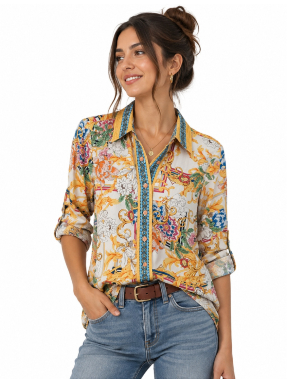 Robert Graham Women’s M Floral Baroque Button Down Shirt Roll Sleeve Viscose